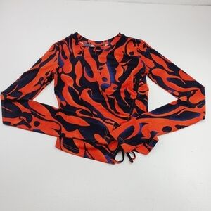 Bershka Women's Red and Black Long Sleeves Printed Top Size XS Round neck